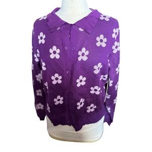 Almost Famous Purple Floral Knit Button Up Cardigan Sweater Women's XL